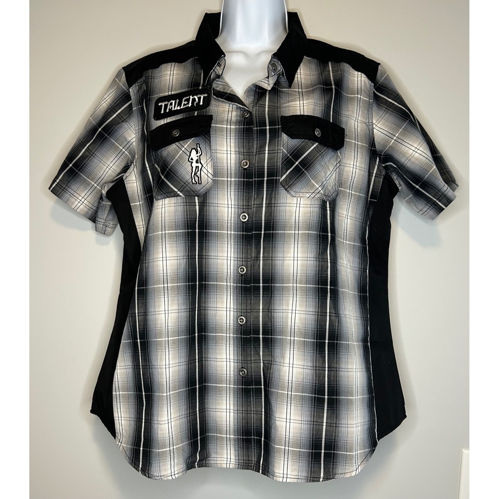 Throttle Threads Strip Club Choppers Plaid Shirt Womens XL Black White Bikercore